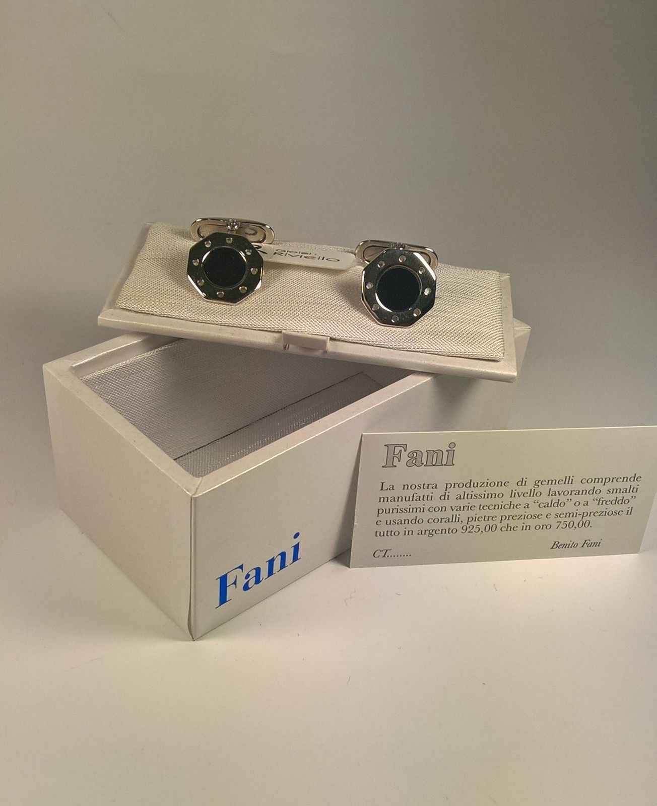 GEMELLI POLSINI UOMO ARGENTO 925 FANI ORIGINAL OTTAGONALI SMALTI NERO SWAROVSKY