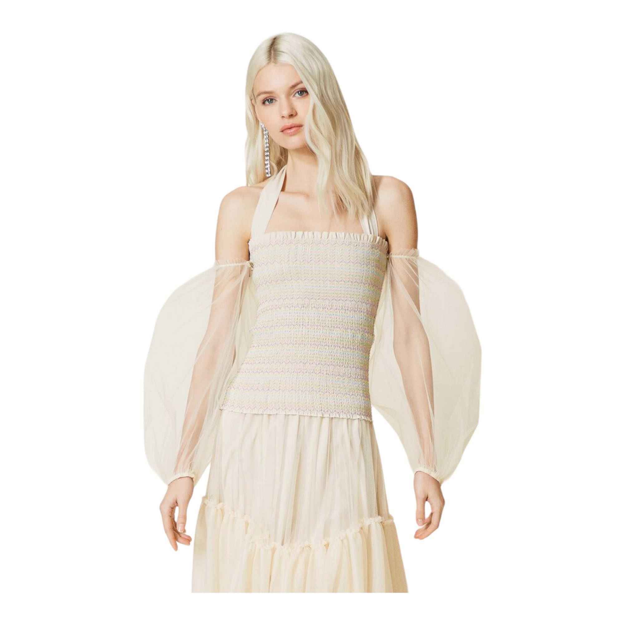 MAGLIA BLUSA MAGLIE TOP DONNA TWINSET ACTITUDE 221AT2072 TULLE BEIGE ORIGINAL PE