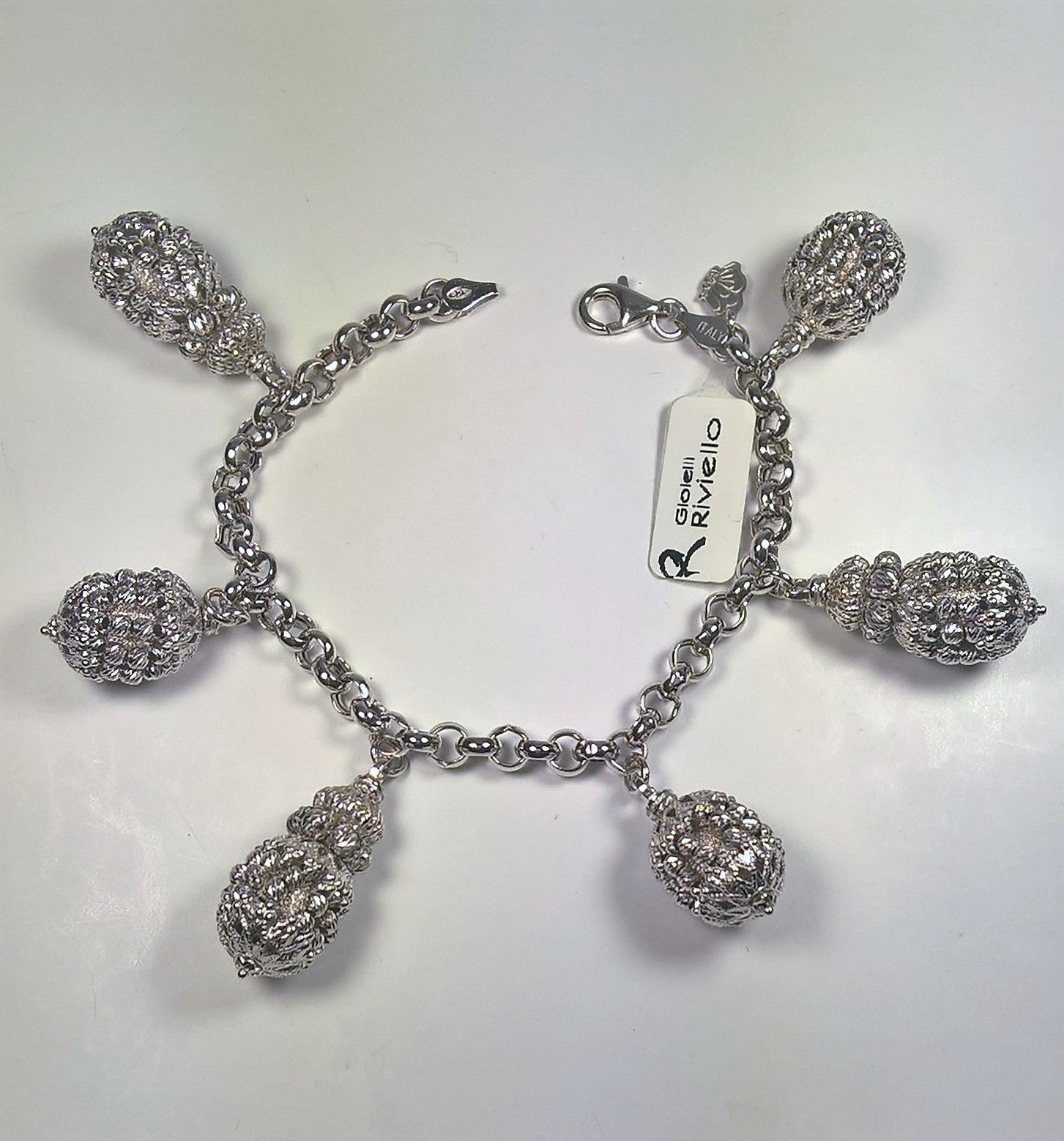 BRACCIALE ARGENTO RIVIELLO ORIGINALE BRACELET SILVER SFERE RIGATE CIONDOLI NV